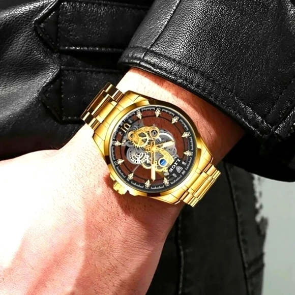 LIGE Men's Skeleton Watch - Gold on Top of Stainless- Clasp Band Great Quality - Picture 2 of 7